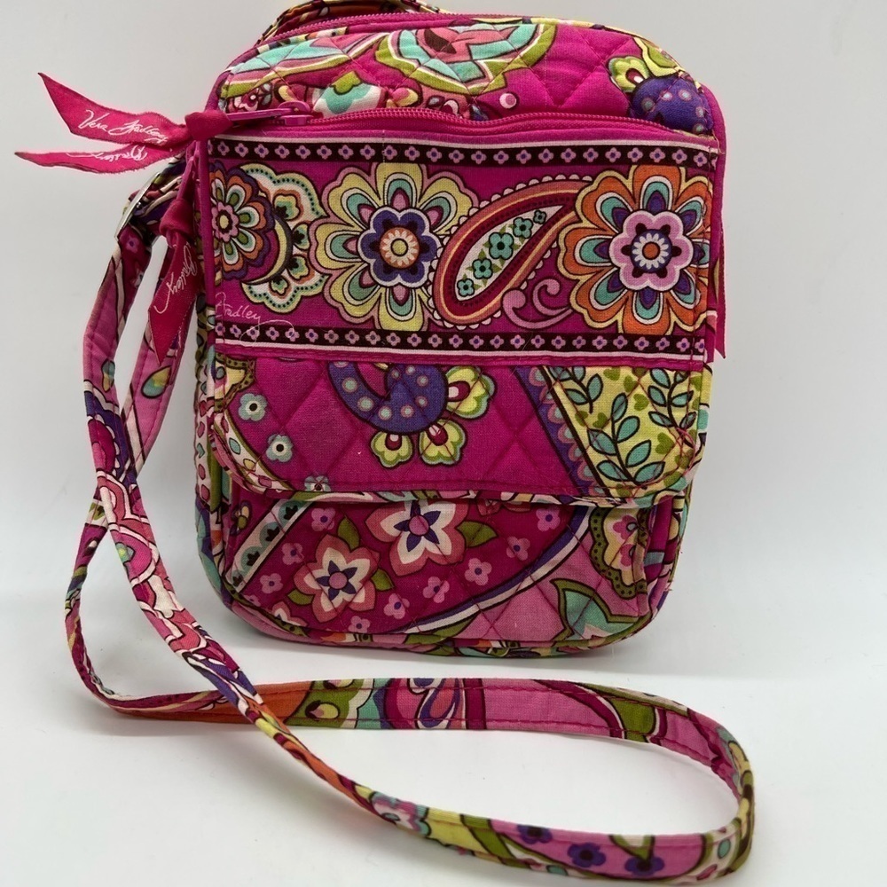VERA BRADLEY SMALL CROSSBODY BAG WITH LOTS OF POCKETS VIBRANT PINK, ORANGE - Picture 2 of 15